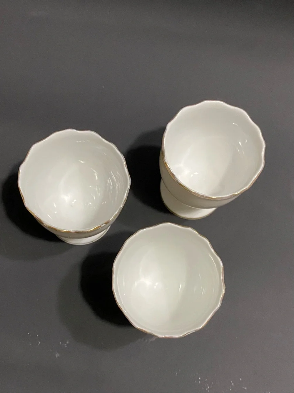 3 Vintage Egg Cups Porcelain white with Pink Roses Scalloped Gold Trim